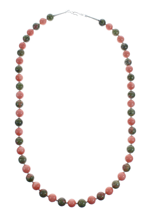 Native American Unakite and Coral Bead Sterling Silver Necklace JX126860